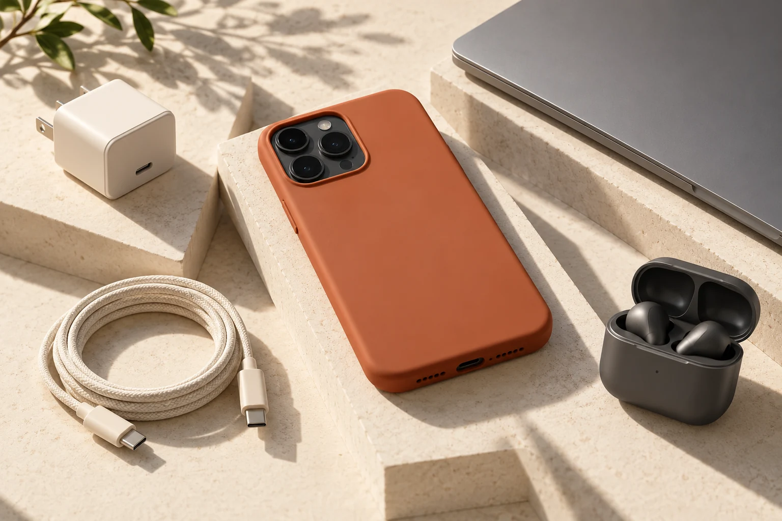 An editorial arrangement of a terracotta phone case, braided cable, charger, earbuds and a silver laptop