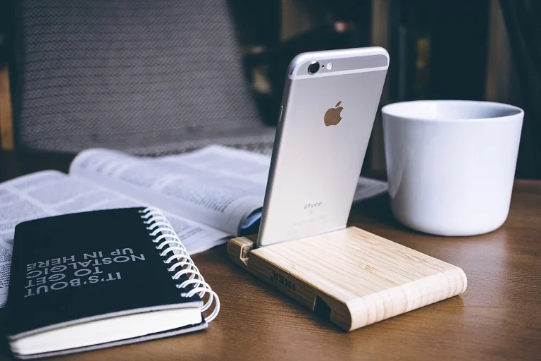 Reference photograph: IPhone in a wooden phone holder (43636842001).jpg. Not verification of the exact planned product.