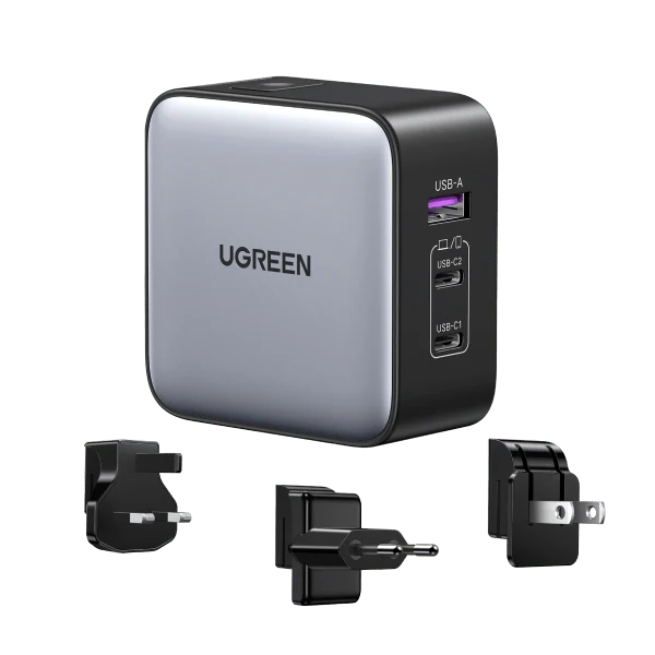 UGREEN Nexode 65W 3-Port Travel Charger with US/UK/EU Plug — 65W Travel GaN Charger — manufacturer product image, SKU 90409